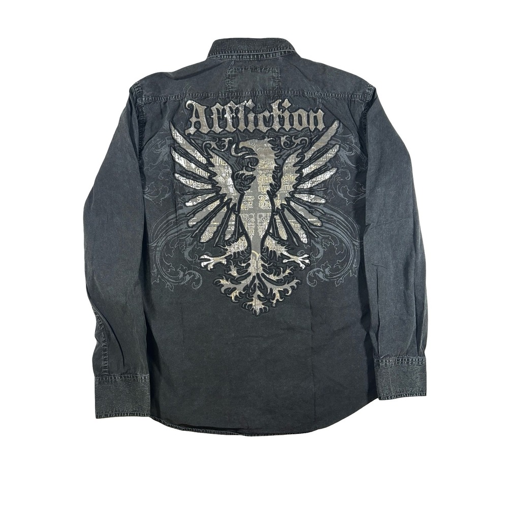 Affliction Mens Faded Black Eagle Graphic Long Sleeve Button Down Shirt Size M